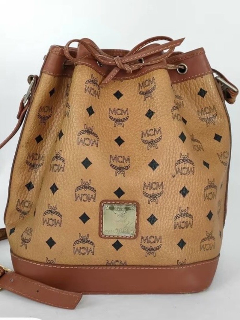 MCM Cognac Brown Visetos Drawstring Shoulder Bag